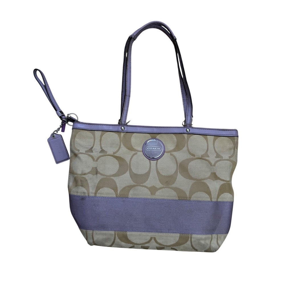 Coach Signature Stripe Tote Bag Khaki Lavender Purple Vintage